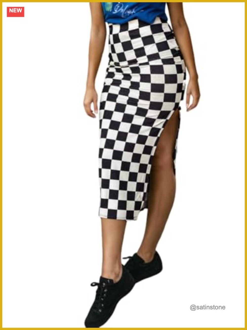 High Waist Bodycon Midi Skirt with Slit, Checkered
